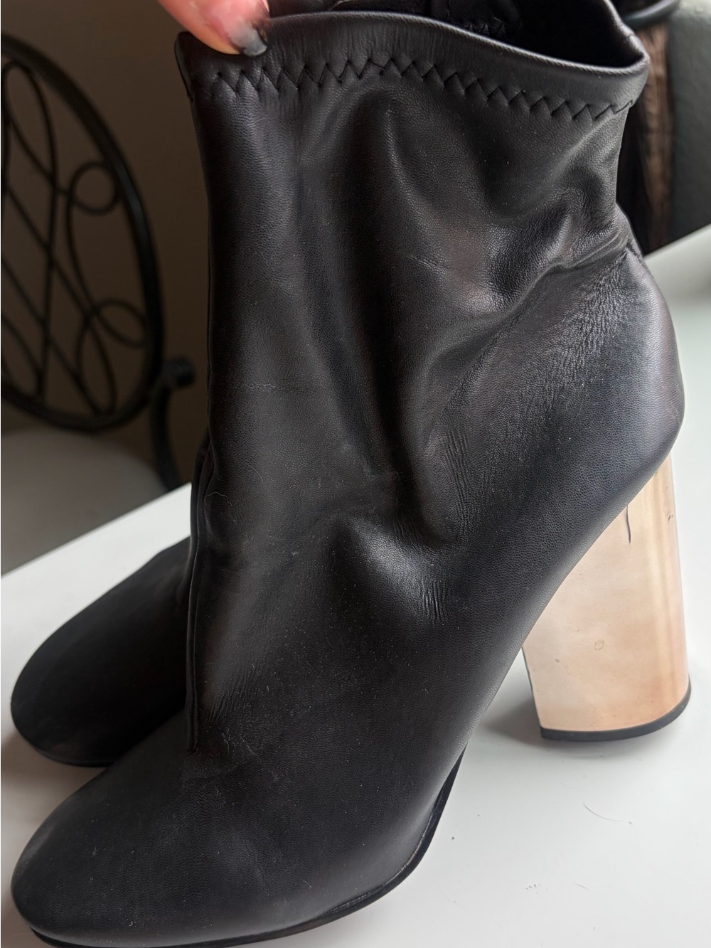 Aldo Black Leather Ankle Booties with Light Beige Block Heel